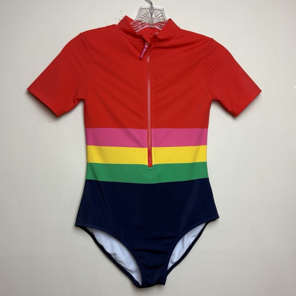 Mini Boden Stripes Colorblock Short Sleeve Swimsuit Bathing Suit Sz 11-12